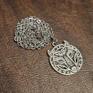 Celtic Wolf Medallion Necklace | Silver Tone | 18in Chain